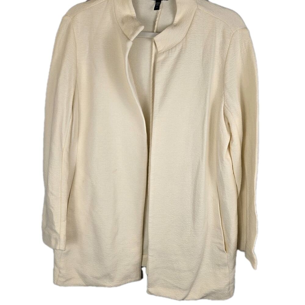 Eileen Fisher Stand-Up Collar Jacket Cream S/P Textured Pockets Luxury Mid Lengt